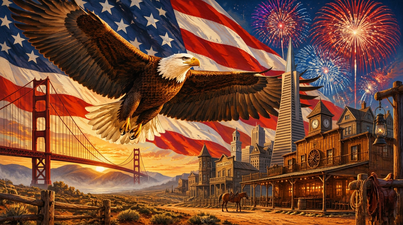 Bald eagle soaring over a Western frontier town with the Golden Gate Bridge, Transamerica Pyramid, American flag and fireworks